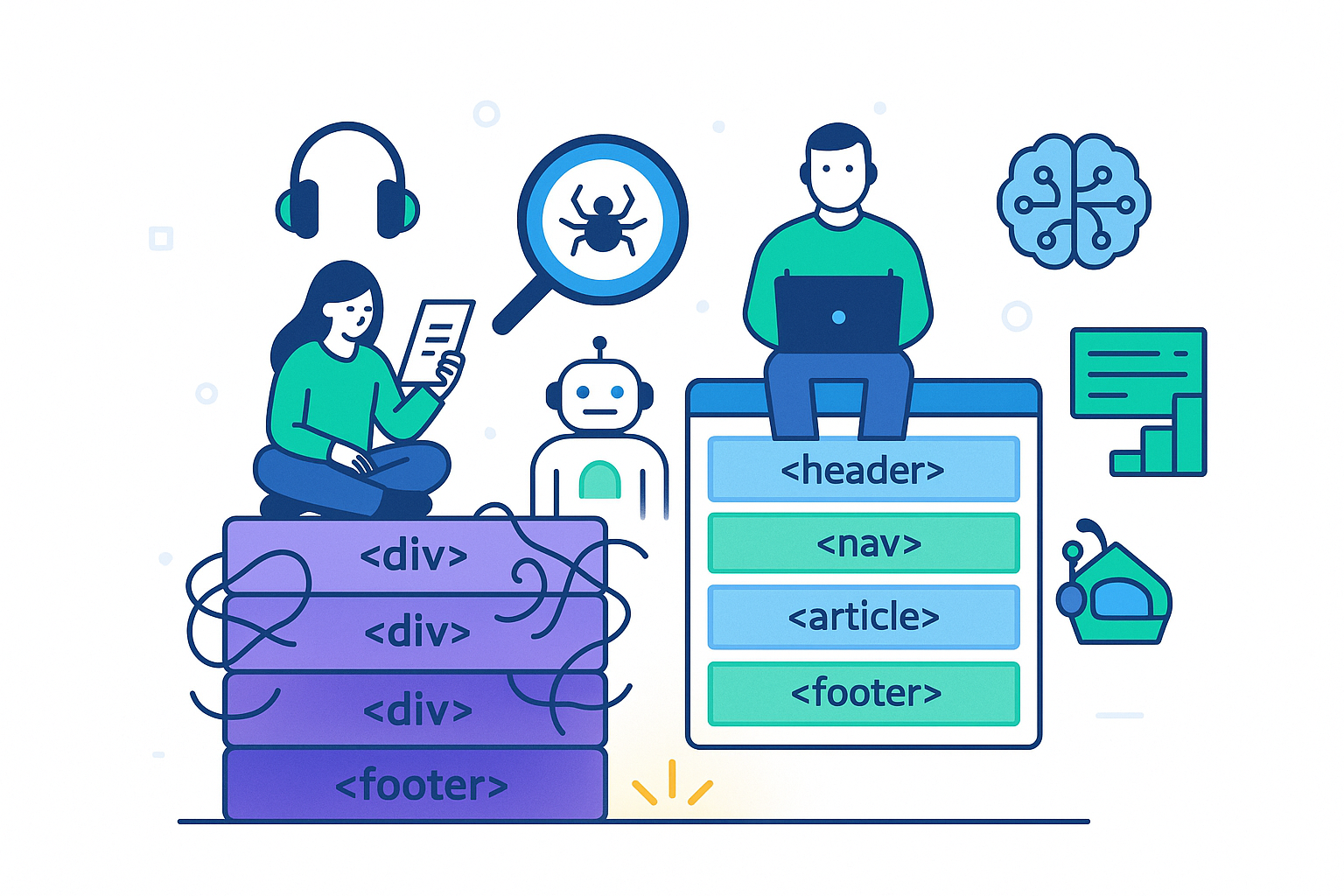 Conceptual illustration of semantic HTML as the foundation supporting humans, search engines, AI, and accessibility tools on the web.